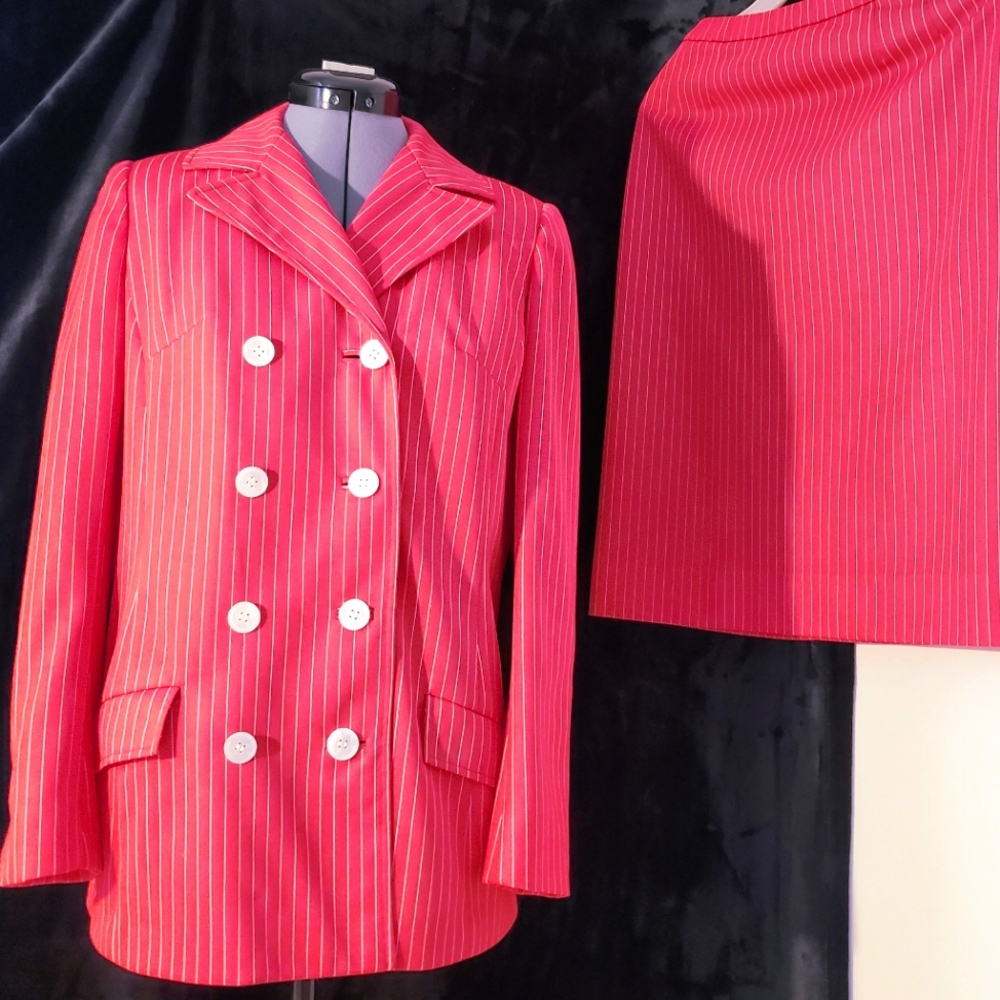 Vintage 2 pc fuchsia pink striped coat skirt set